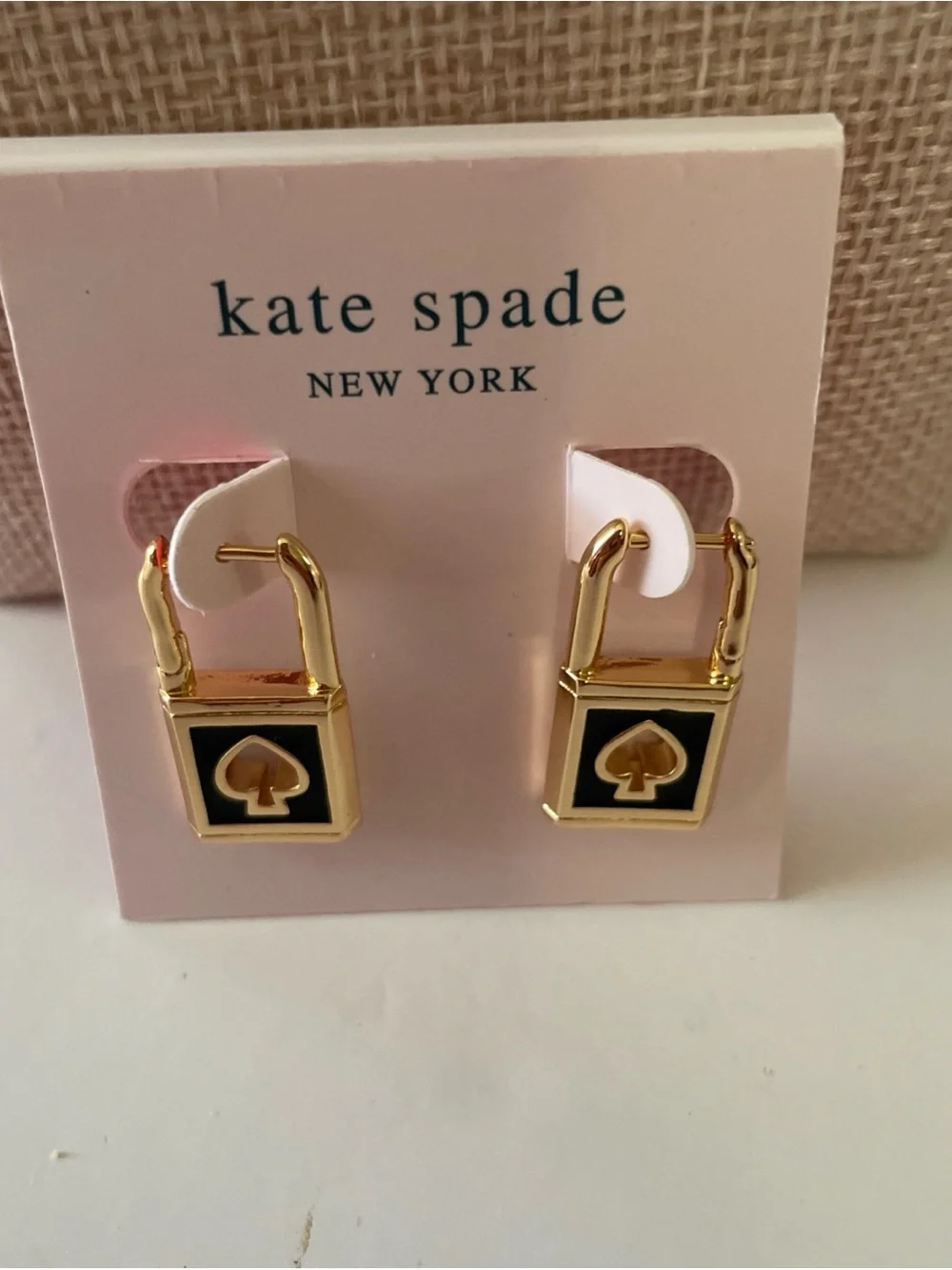 kate spade Gold Hoop Earrings with Black Enamel Spade Charm and Pink Accent